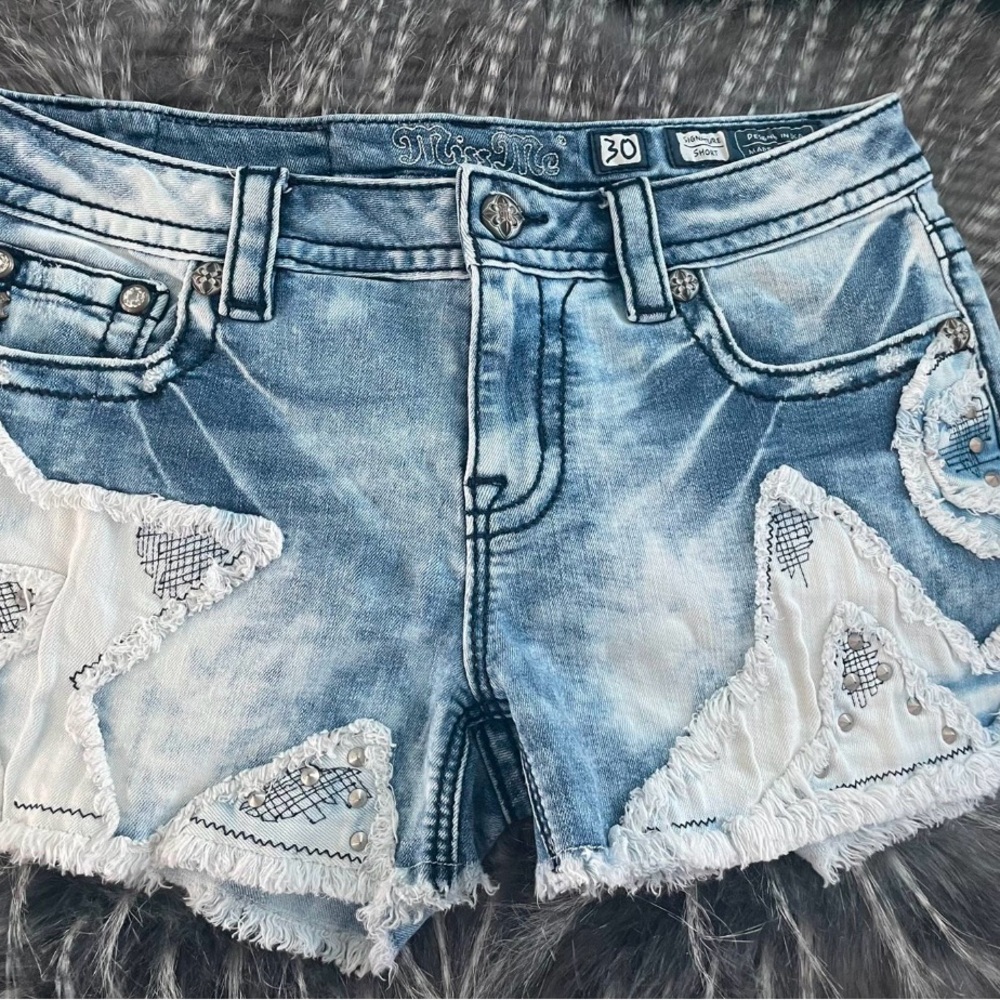 Miss Me Blue Jean Shorts with Lace Trim and Frayed Hem